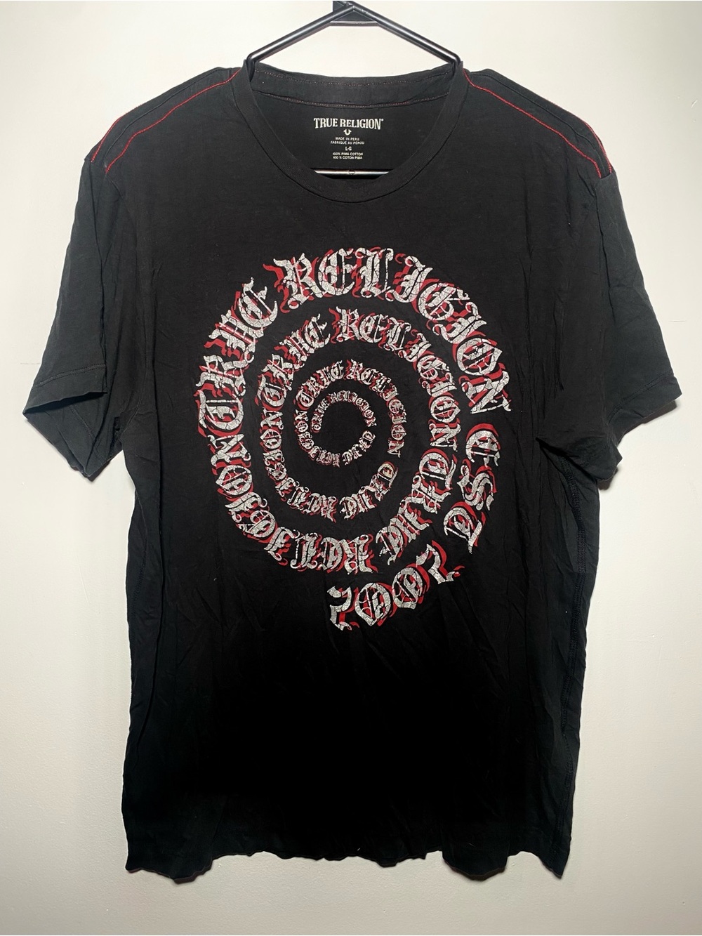 True Religion Black Tee with Red & White Spiral Logo